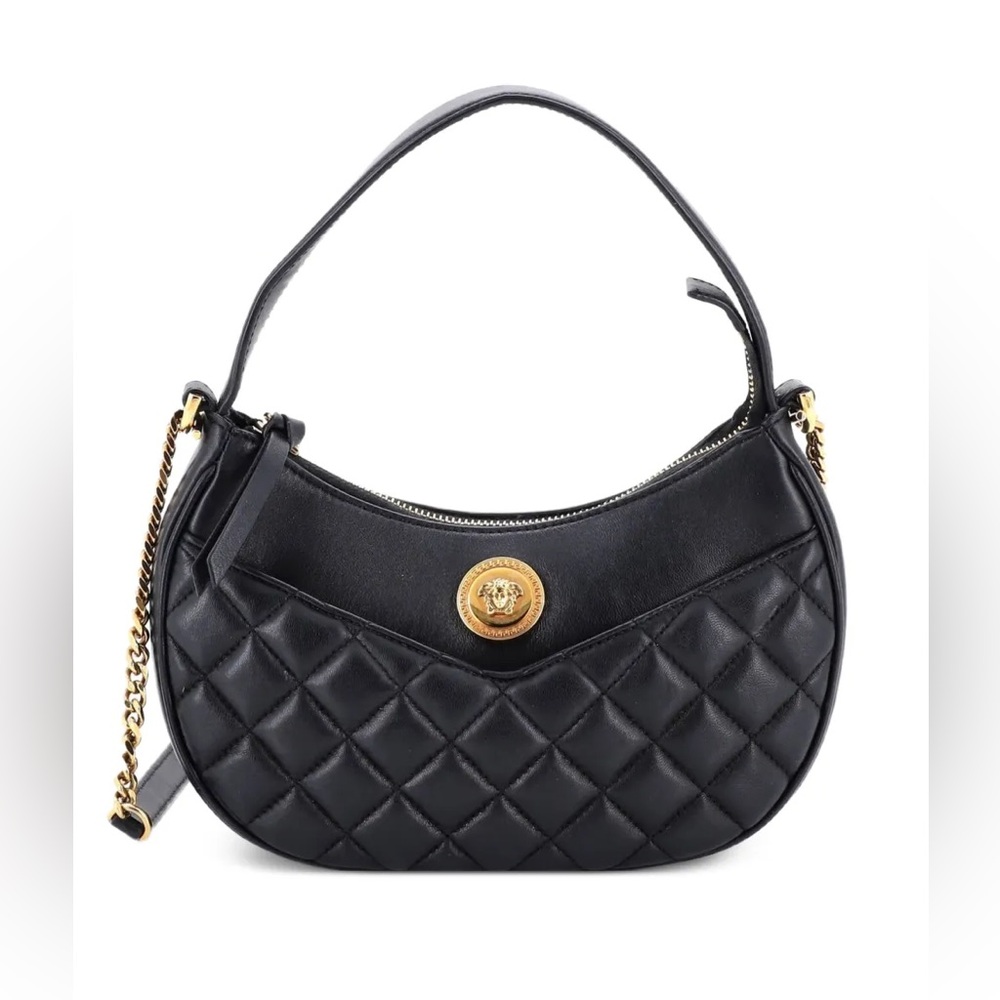 Versace Quilted Black Leather Half Moon Chain Crossbody Bag
